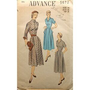 Vintage Advance Sewing Pattern 5672 Misses Day Dress Size 14 Bust 32" Hip 35"